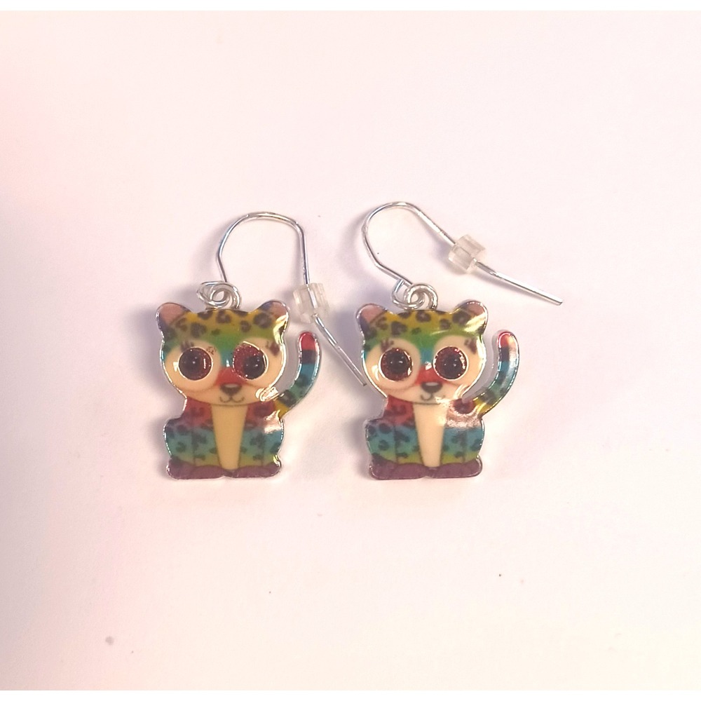 Rainbow Leopard Dangle Drop Earrings Pink Glitter Eyes Cute Animal Fashion